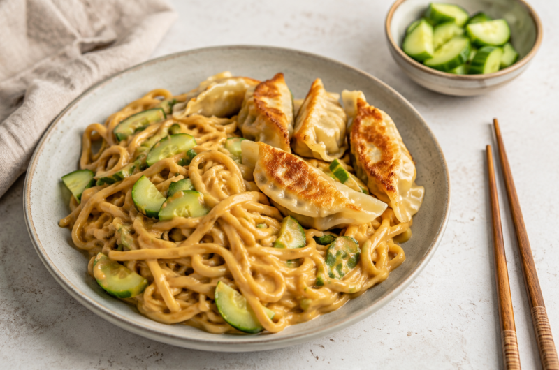 Romige-pindanoedels-met-krokante-gyoza-en-komkommer