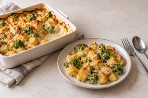 Romige kip-ovenschotel met broccoli en aardappeltjes.