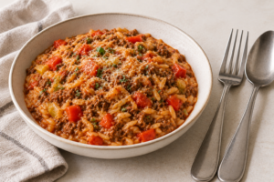 Orzo met gehakt prei en paprika